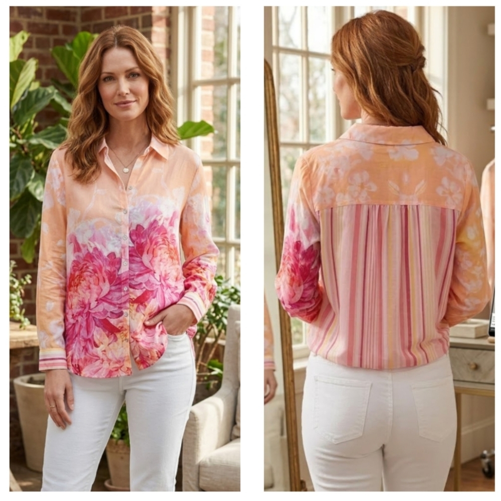 Soft Surroundings‎ Cotton Floral and Striped Button-Up Blouse Large